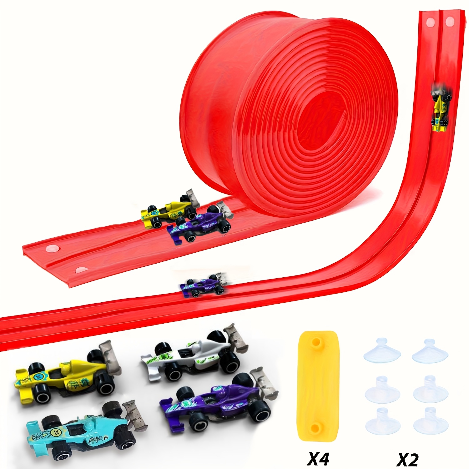Kids No Education - フレキシブルで曲げられるレーストラックおもちゃ 4m DIYレーシングランプセット、ダイキャスト製レースカー4台、吸盤付き、男の子向け知育玩具ギフト