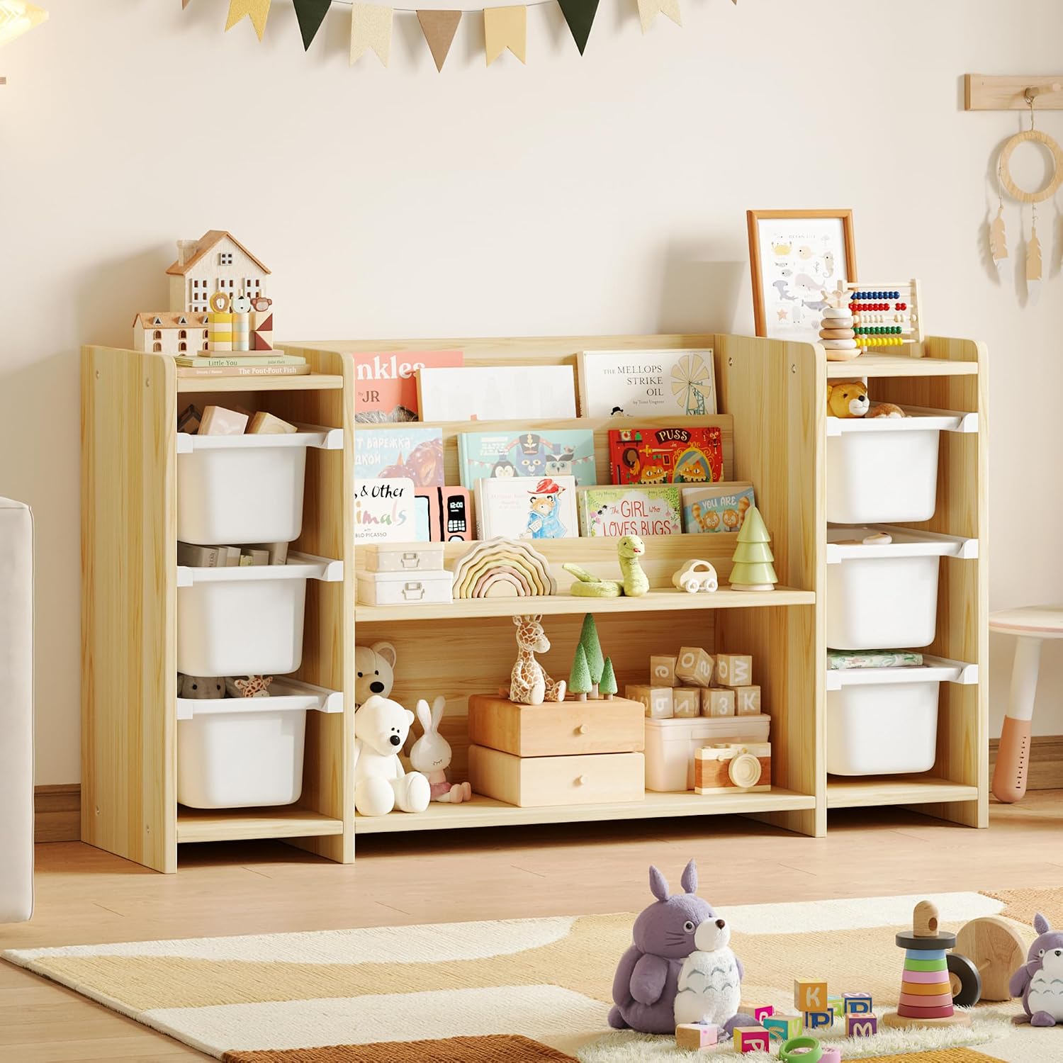 Montessori Shelf Toy - 子供用おもちゃ収納オーガナイザーとモンテッソーリ本棚（おもちゃ箱6個付き）、パインウッド製おもちゃオーガナイザーと収納キャビネット（3段本棚付き）、教室、プレイルーム、保育園、幼稚園向け子供用本棚