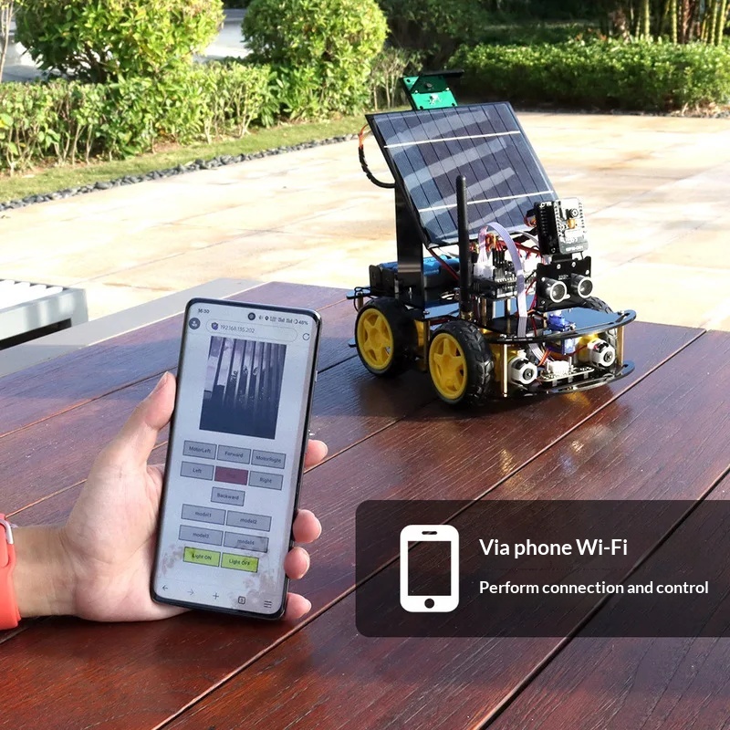 Coding Robot Toy - ソーラー駆動ESP32 CAMプログラマブルロボットカー、超音波センサー搭載、IoT WiFi制御、コーディング教育学生向け