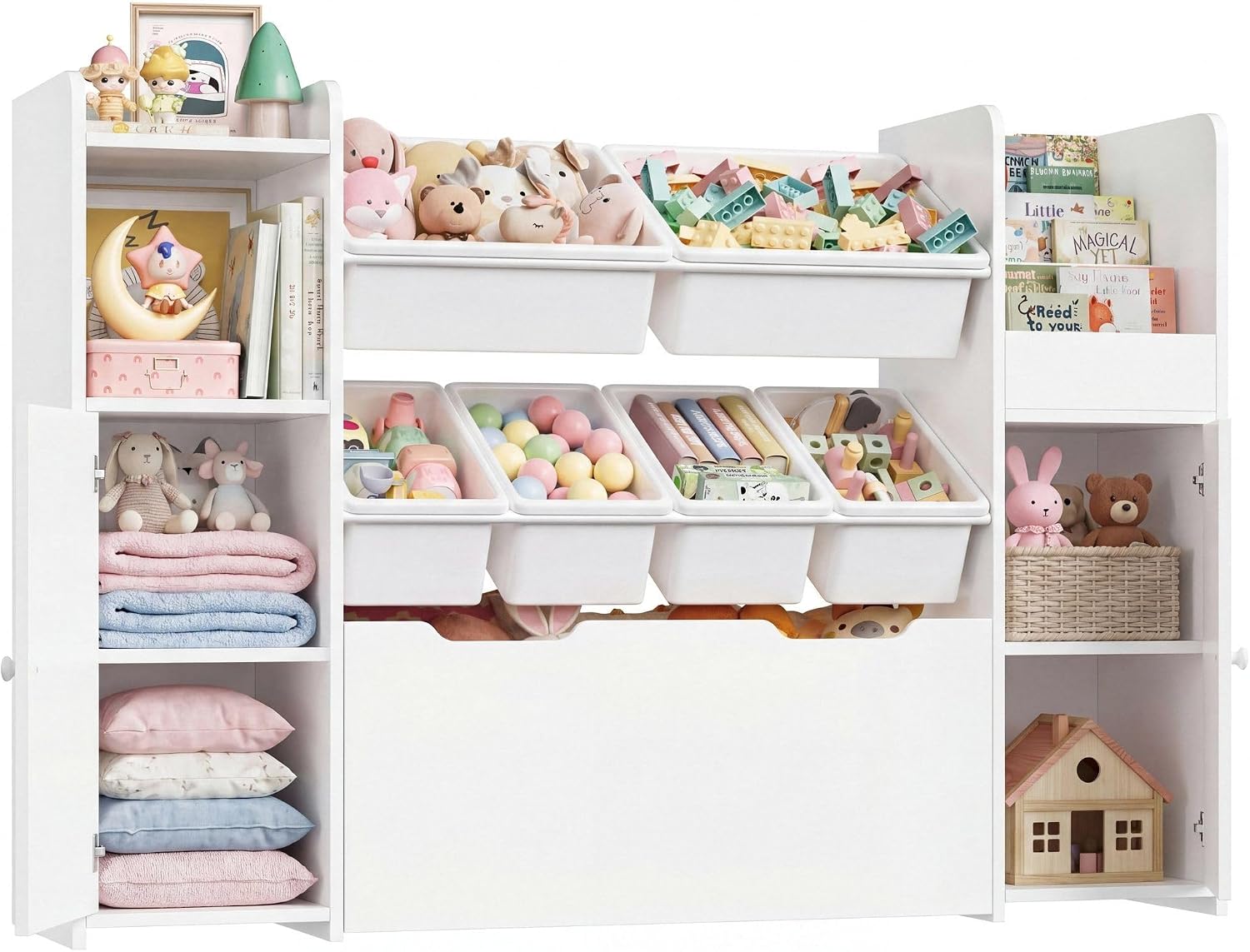 Montessori Shelf Toy - おもちゃ収納オーガナイザー キッズブックシェルフ 55インチ 大型木製おもちゃ箱 ホワイト 3段モンテッソーリブックシェルフ