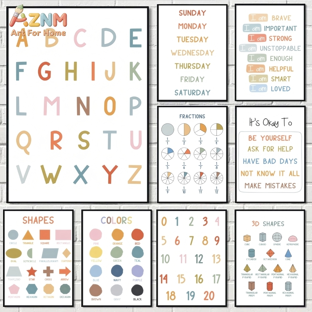Kids No Education - AZNM 教育用アルファベット数字フレームレスキャンバスウォールアート、子供用学習ポスタープリント、保育園教室装飾、フレームなし絵画