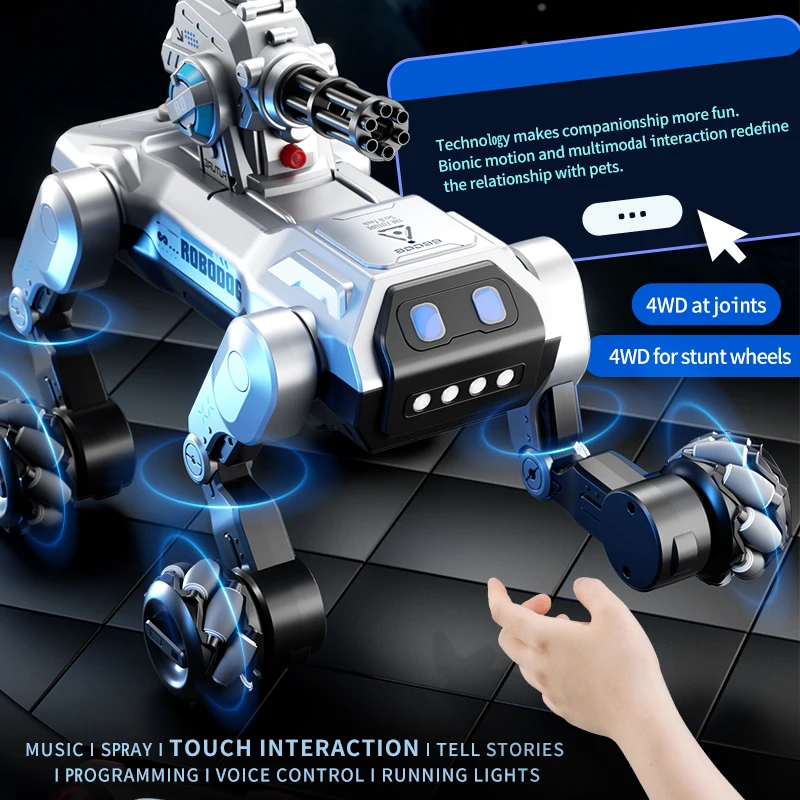 Coding Robot Toy - 8WDスマートロボット犬、音声制御＆タッチインタラクション、プログラム可能な動作、ウォータービーズタレット、音楽＆ミストスプレー、子供向け