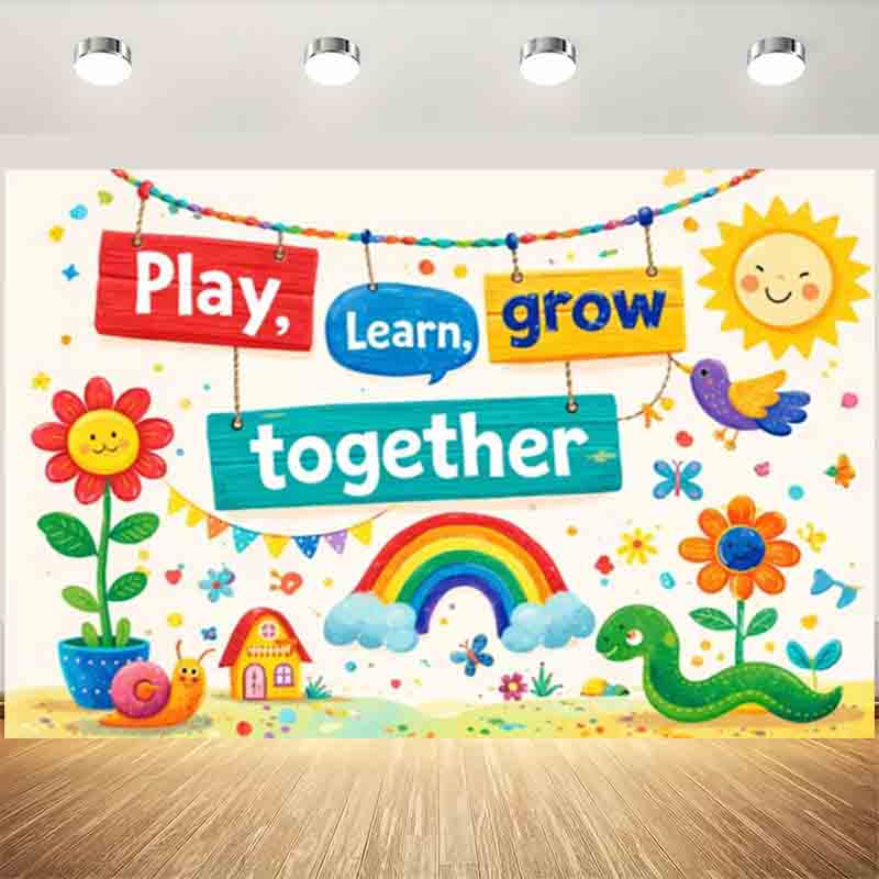 Kids Education Banner - 遊んで学んで成長しよう 写真撮影用背景幕 虹色のカタツムリ 漫画風 子供 幼稚園