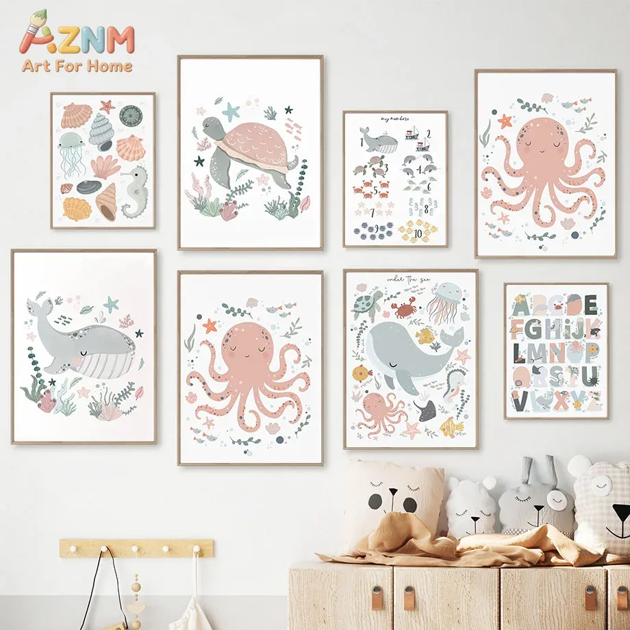 Kids Education Alphabet Numbers - AZNM 保育園海の動物キャンバスウォールアート タコ クジラ カメ プリント