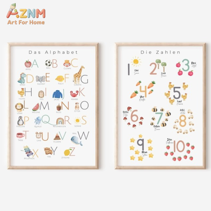 Kids No Education - AZNM ドイツ語アルファベット数字キャンバスウォールアート、Das Alphabet Die Zahlen 水彩プリント、子供部屋教育用ホームデコレーションポスト