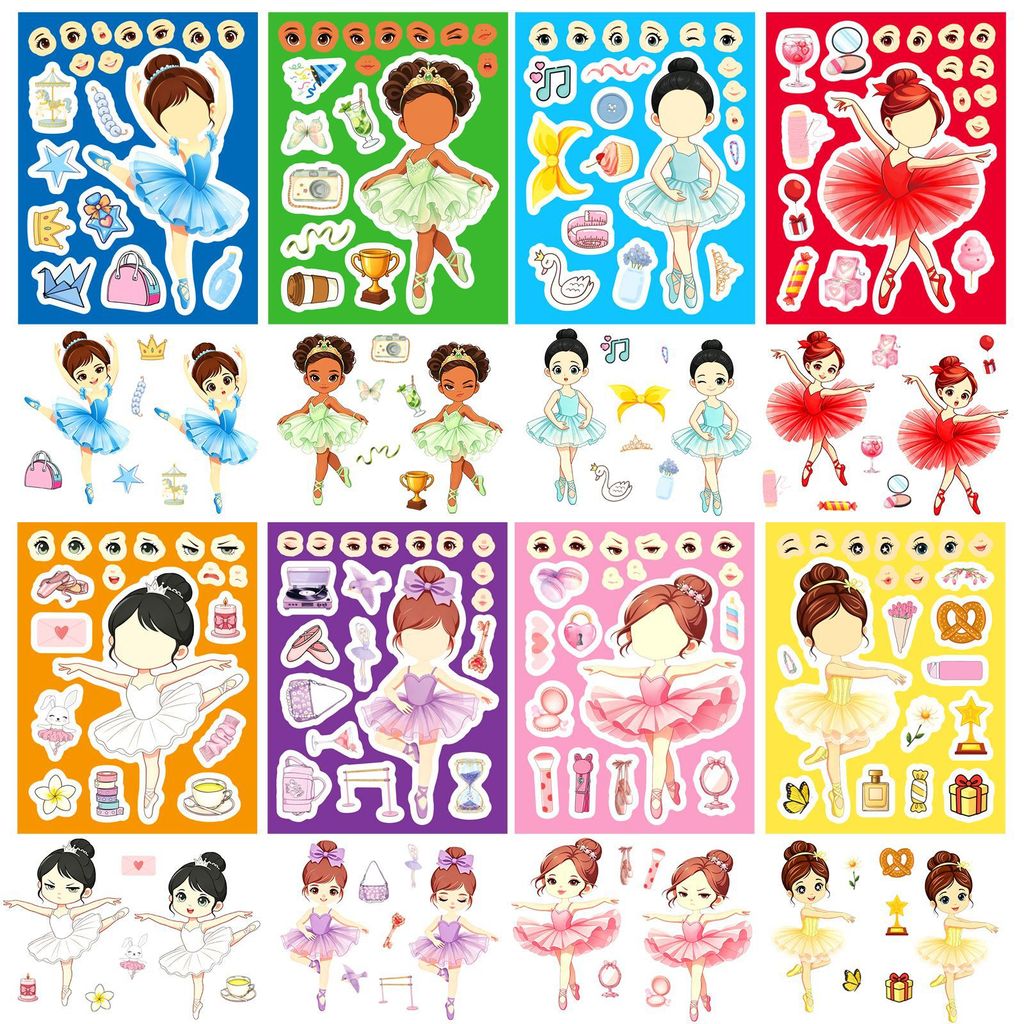 Kids Education Store - 8枚入り バレエガール フェイスステッカー グラフィティ フェイスチェンジング 防水デカール