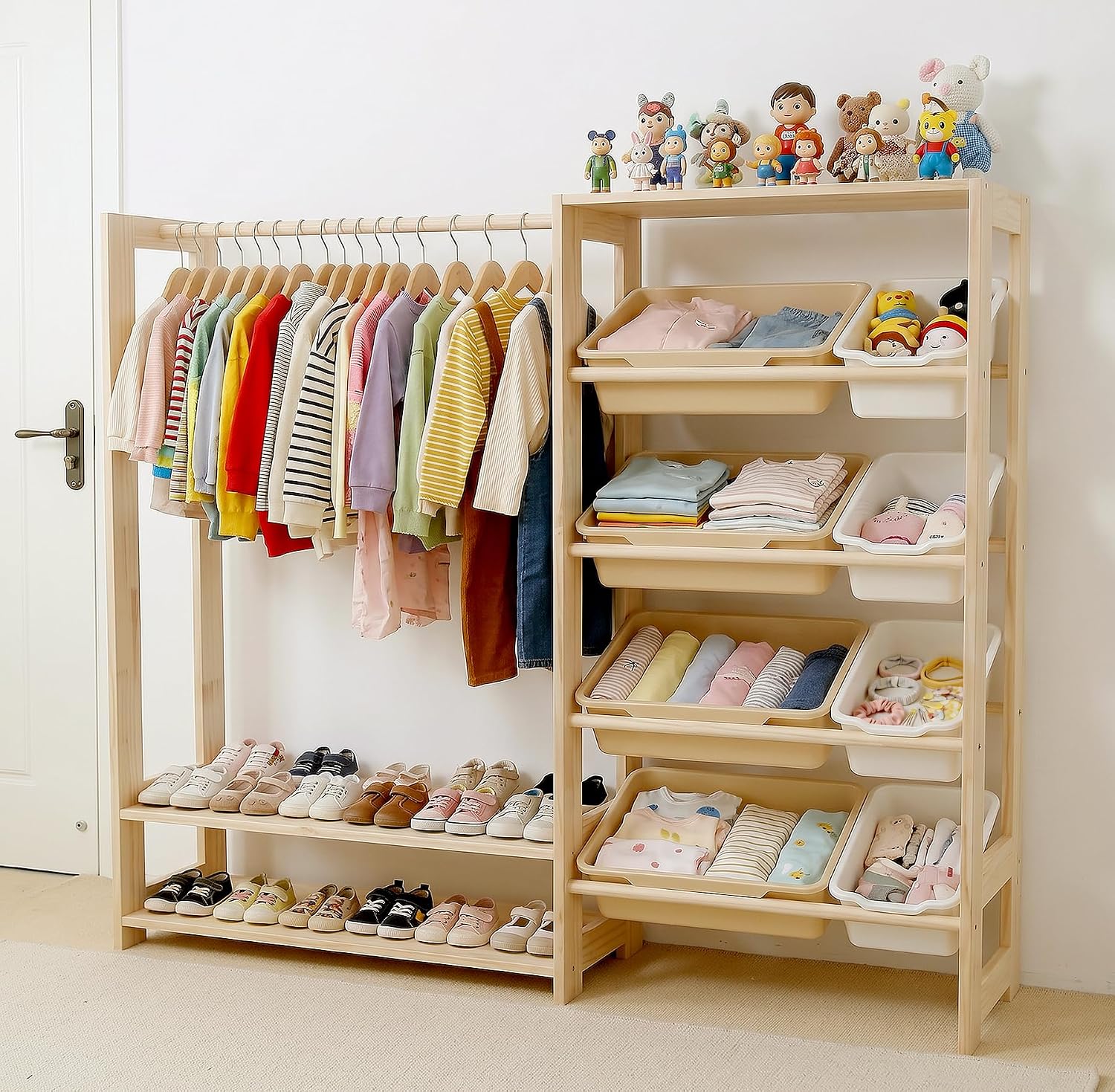 Montessori Shelf Toy - モンテッソーリキッズワードローブとおもちゃ収納オーガナイザー（収納ボックス付き）、木製幼児用着せ替え洋服ラック、子供部屋やプレイルーム用の靴棚付きオープンクローゼット、天然木製