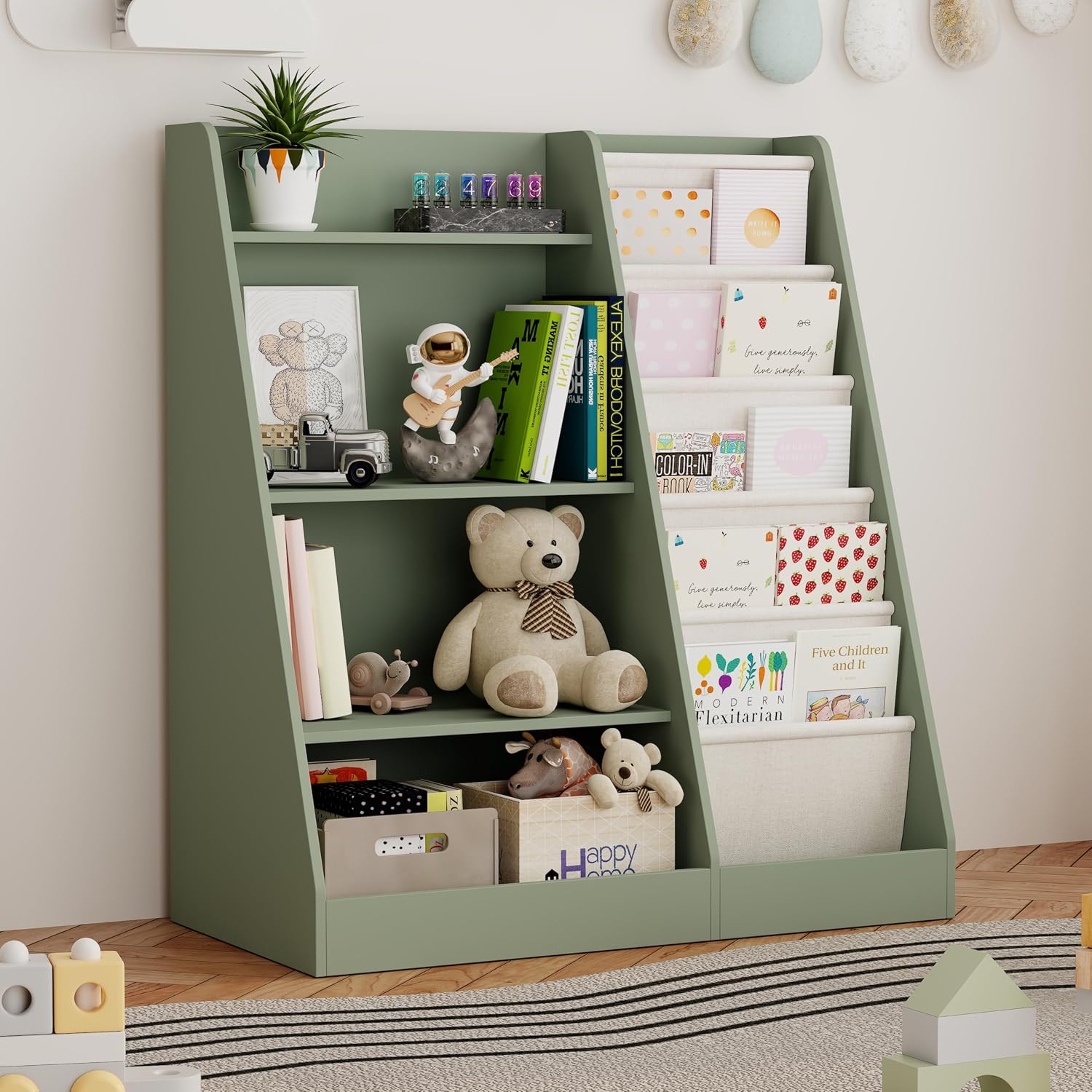 Montessori Shelf Toy - 2-IN-1 キッズブックシェルフ＆おもちゃ収納オーガナイザー、幼児と赤ちゃん向けスリングブック収納付き4段無垢材キャビネット、子供部屋、保育園、プレイルーム、教室向けモンテッソーリブックシェルフ、グリーン