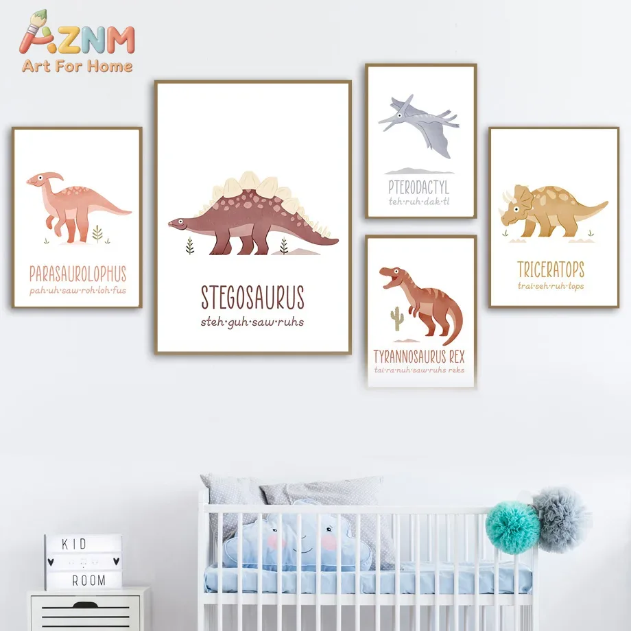 AZNM かわいい水彩恐竜キャンバスウォールアートプリント、 - Kids No Education のレビューと価格