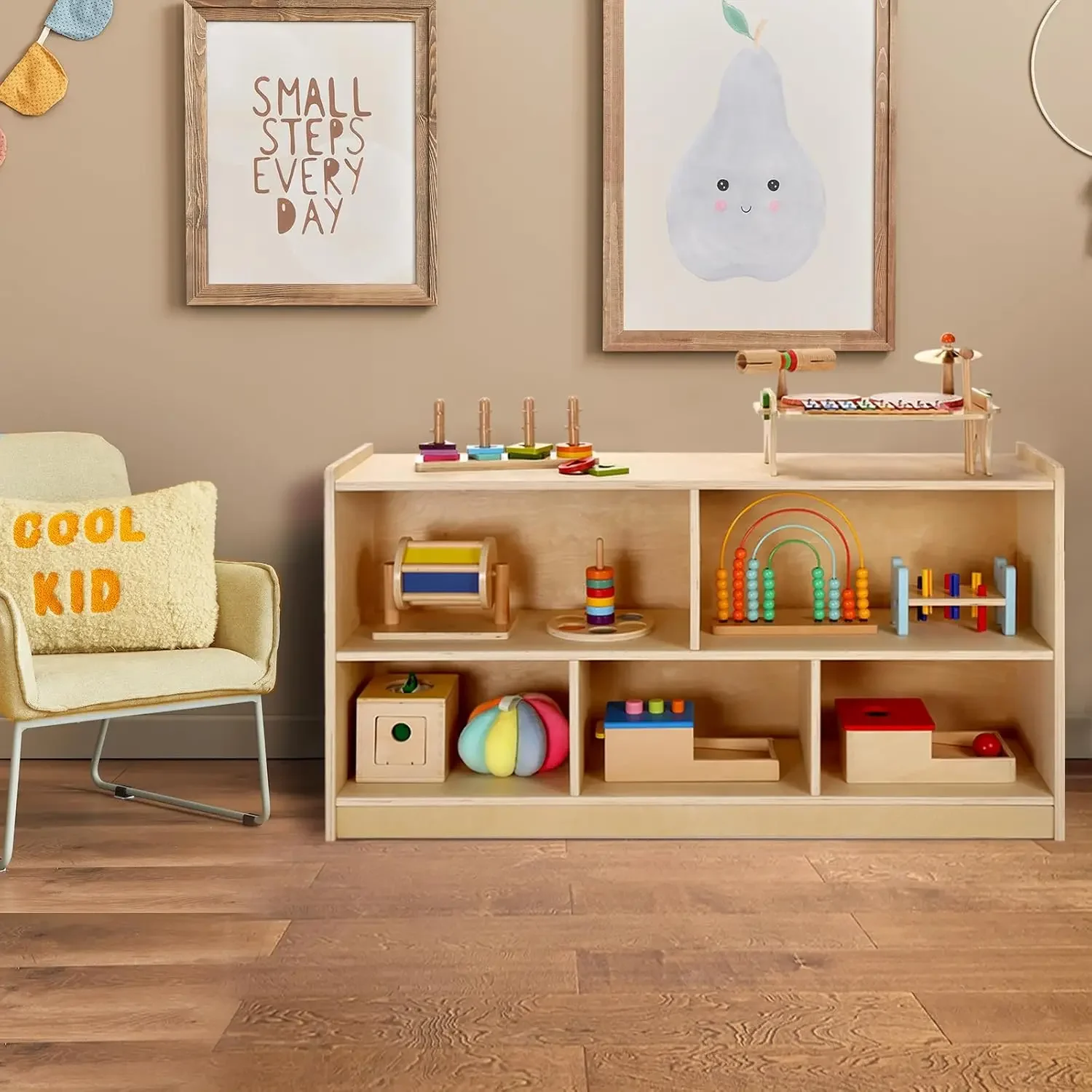 木製収納キャビネット 5段 モンテッソーリ本棚 子供用おもち - Montessori Shelf Toy のレビューと価格