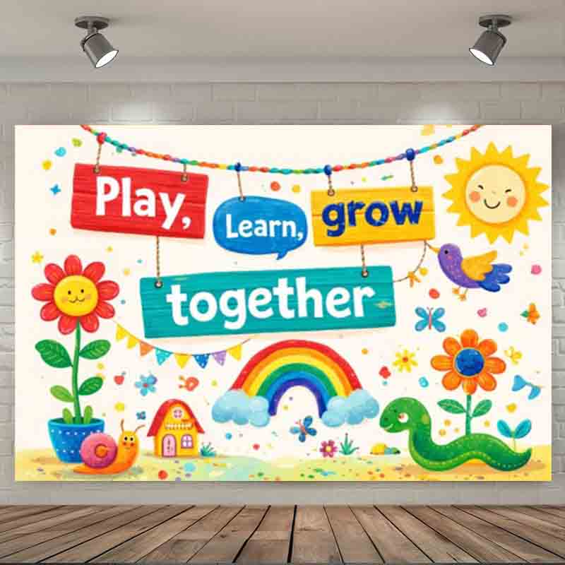 遊んで学んで成長しよう　写真撮影用背景幕　虹色のカタツムリ　 - Kids Education Banner のレビューと価格