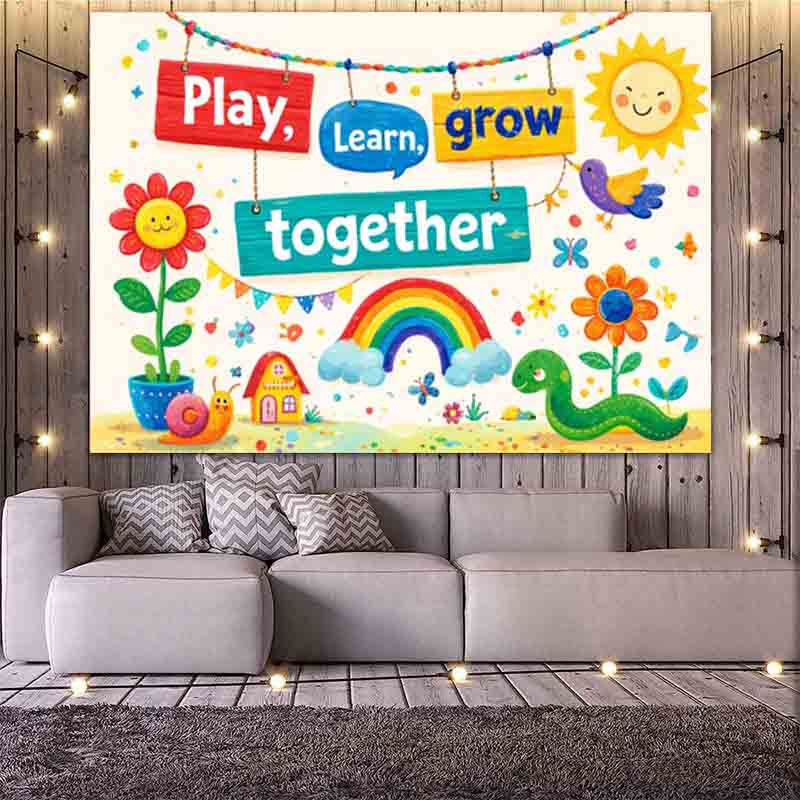 遊んで学んで成長しよう　写真撮影用背景幕　虹色のカタツムリ　 - Kids Education Banner のレビューと価格