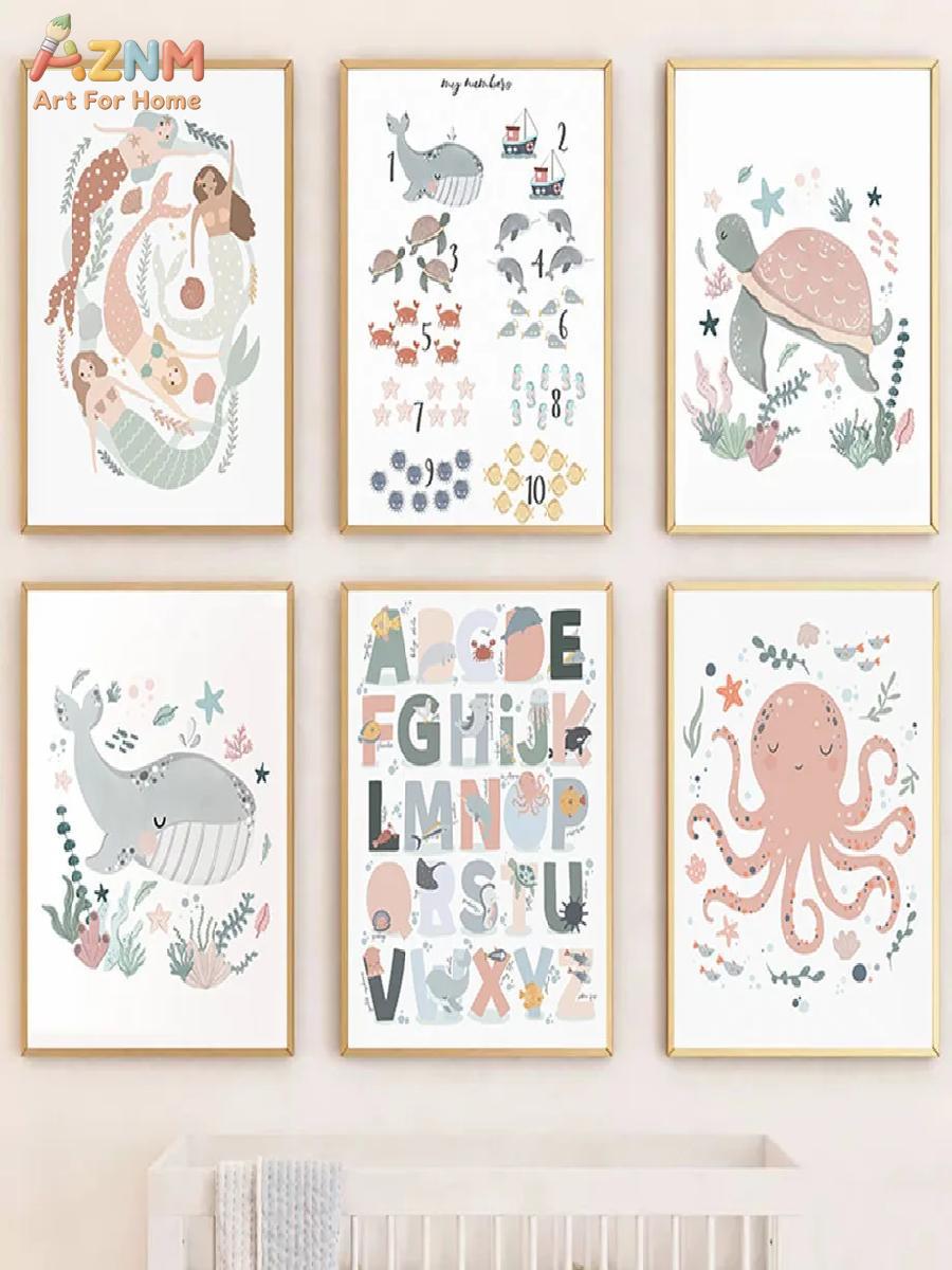 AZNM 保育園海の動物キャンバスウォールアート タコ クジ - Kids Education Alphabet Numbers のレビューと価格